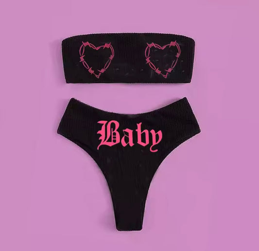 Black Y2K Tumblr Baby Alternative Heart Bikini Set