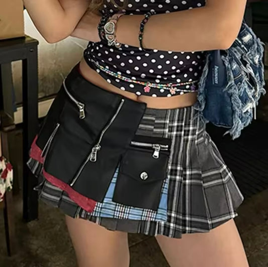 Grey Checkered Patchwork Punk Mini Skirt