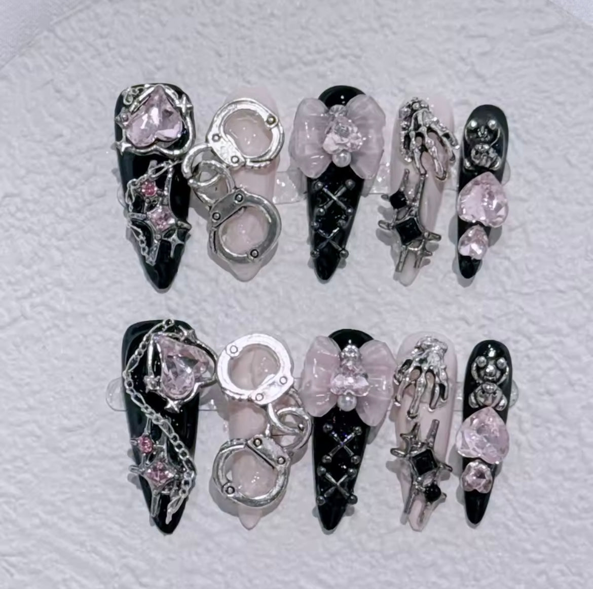 Black And Purple Pastel Goth Handmade Embellished Long Press On Nails