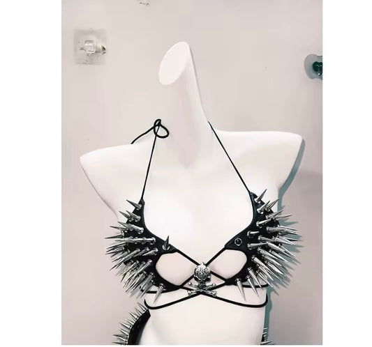 Black Faux Leather Silver Spike Skull Star Bra Top
