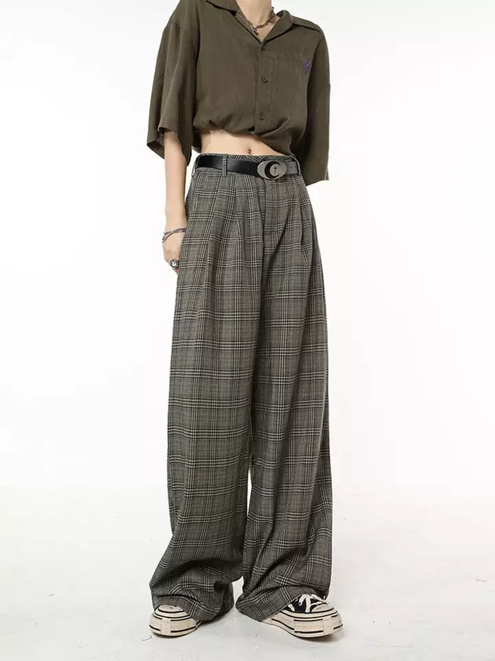 Brown Checkered Wide Leg Suit Trousers