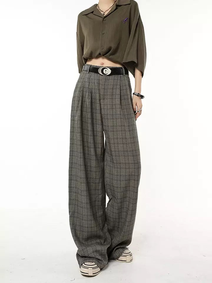 Brown Checkered Wide Leg Suit Trousers