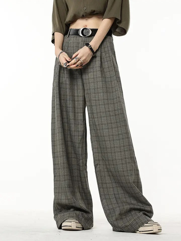 Brown Checkered Wide Leg Suit Trousers