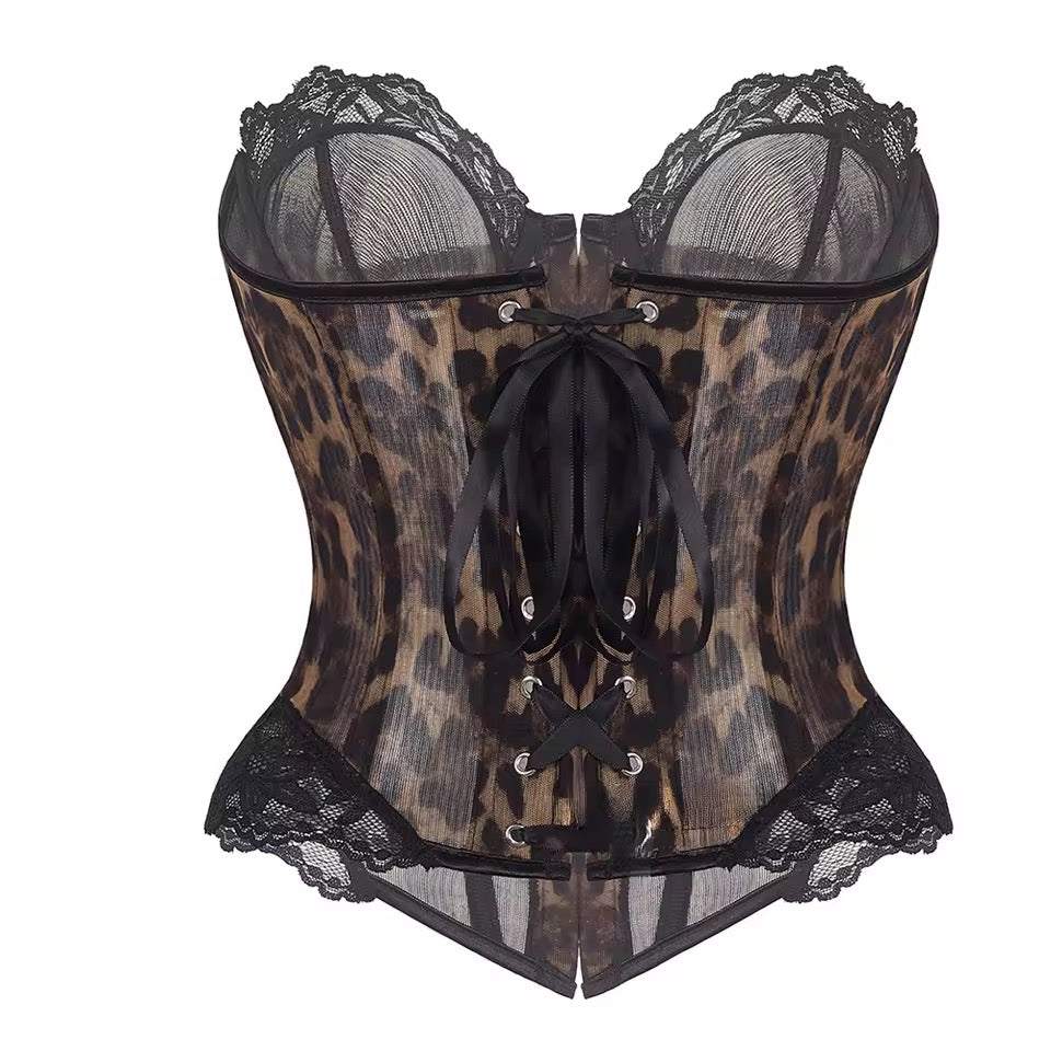 Brown Leopard Print Grunge Mesh Corset Y2k Top