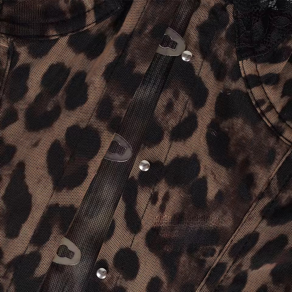 Brown Leopard Print Grunge Mesh Corset Y2k Top