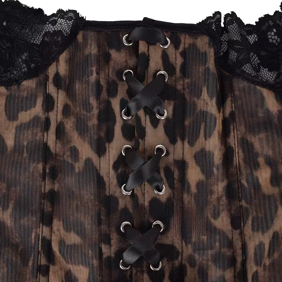 Brown Leopard Print Grunge Mesh Corset Y2k Top