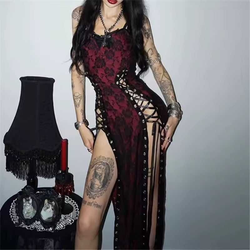 Red Vampire Queen Lace Up High Split Maxi Dress