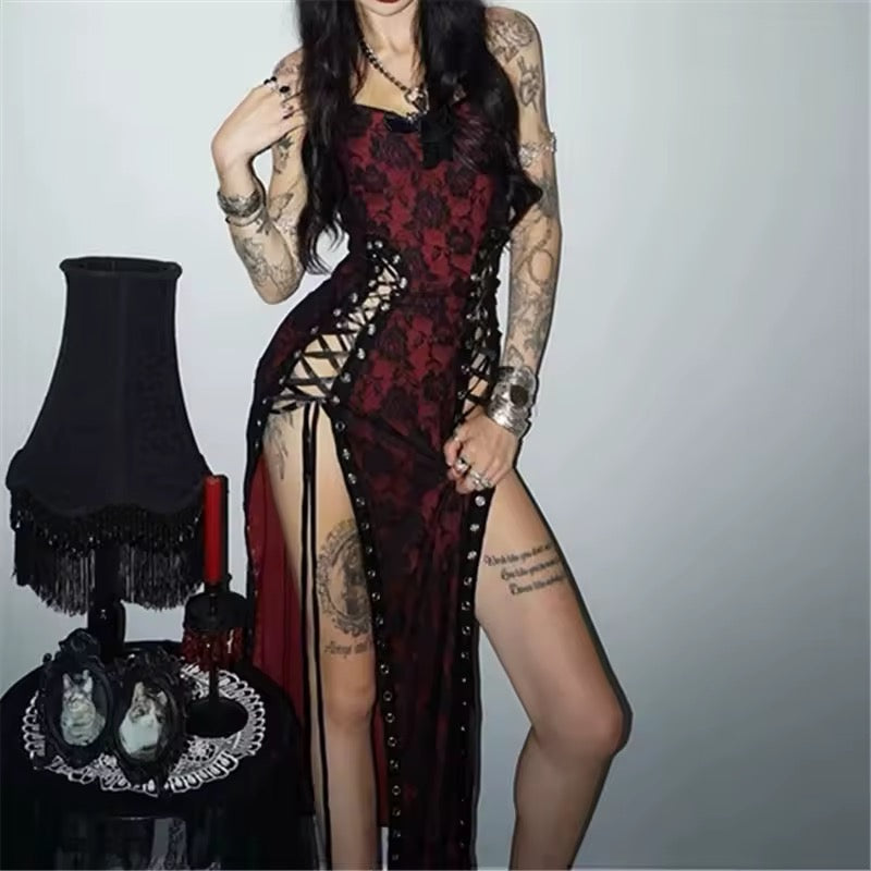 Red Vampire Queen Lace Up High Split Maxi Dress