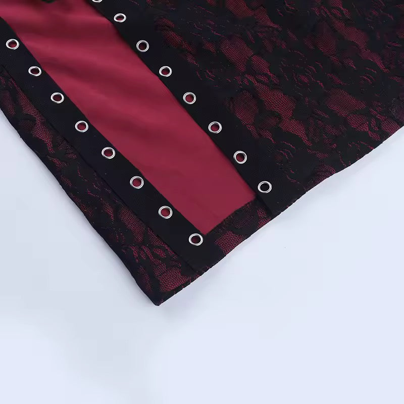 Red Vampire Queen Lace Up High Split Maxi Dress