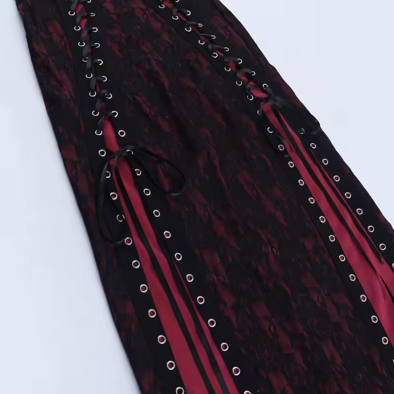 Red Vampire Queen Lace Up High Split Maxi Dress
