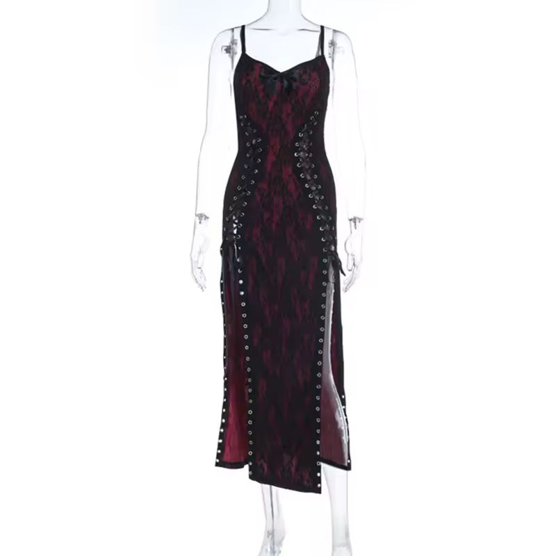 Red Vampire Queen Lace Up High Split Maxi Dress