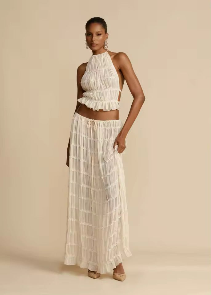 Cream Boho Two Piece Ruffle Vacation Skirt Set