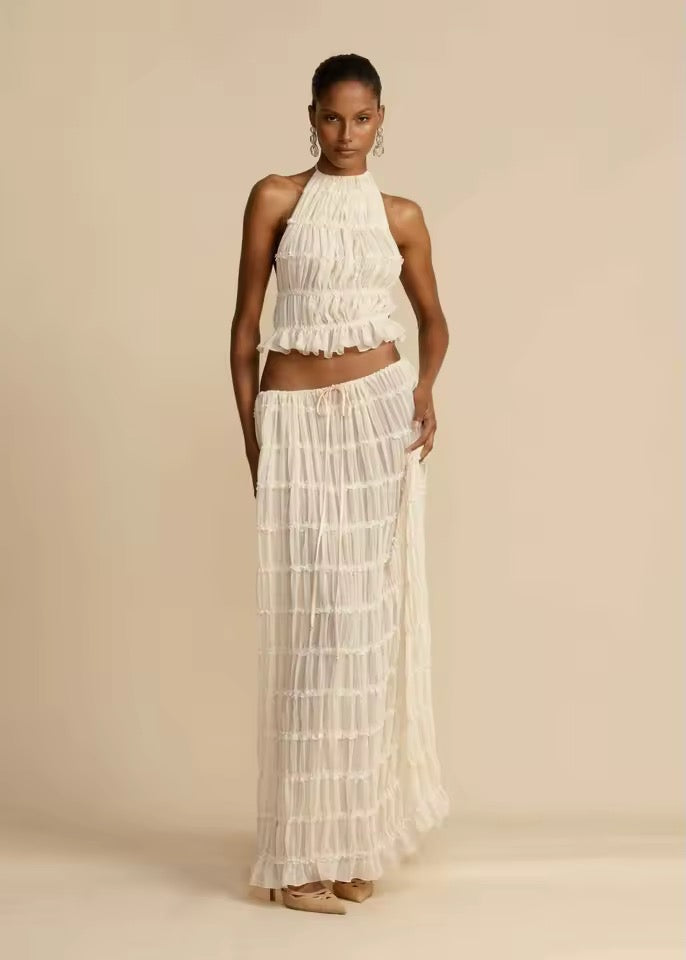 Cream Boho Two Piece Ruffle Vacation Skirt Set