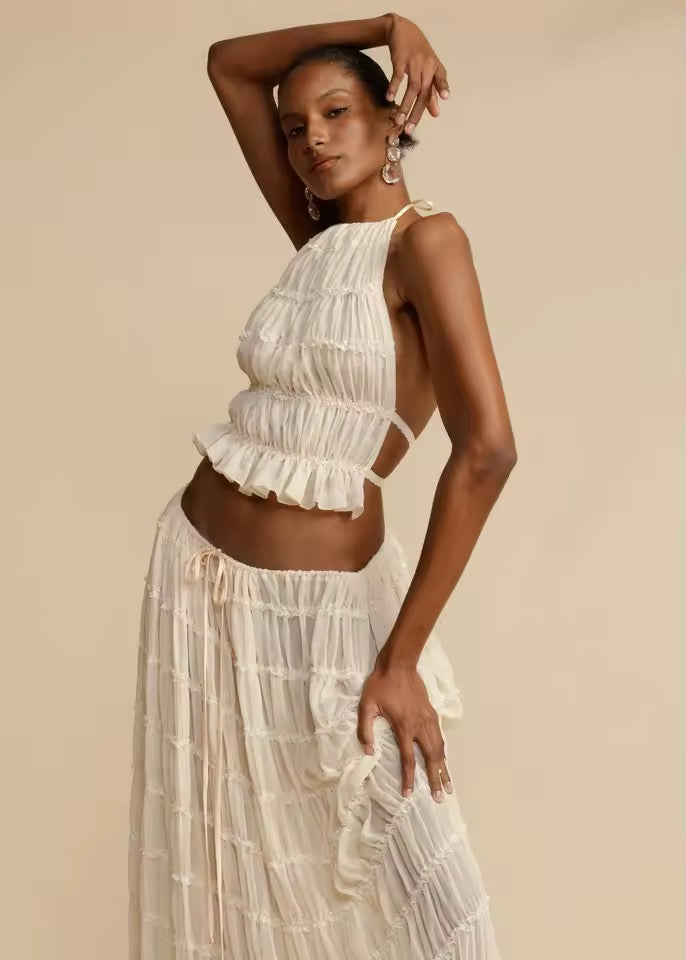 Cream Boho Two Piece Ruffle Vacation Skirt Set
