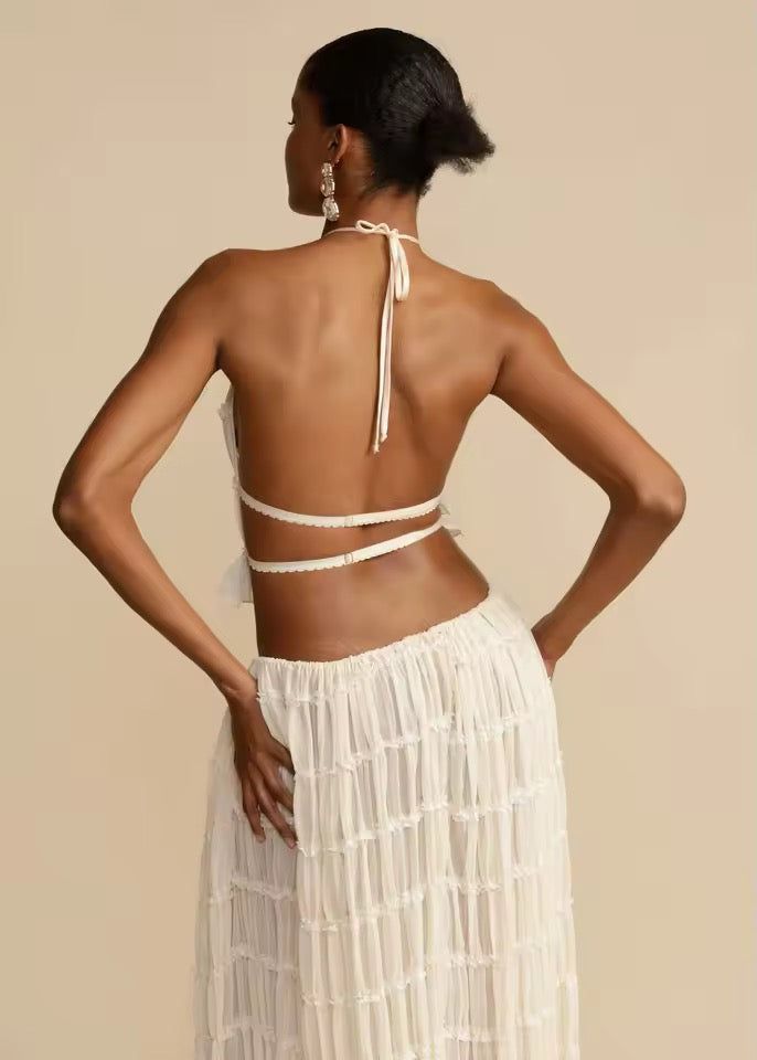 Cream Boho Two Piece Ruffle Vacation Skirt Set