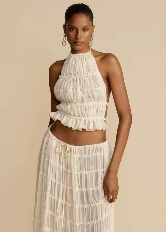 Cream Boho Two Piece Ruffle Vacation Skirt Set
