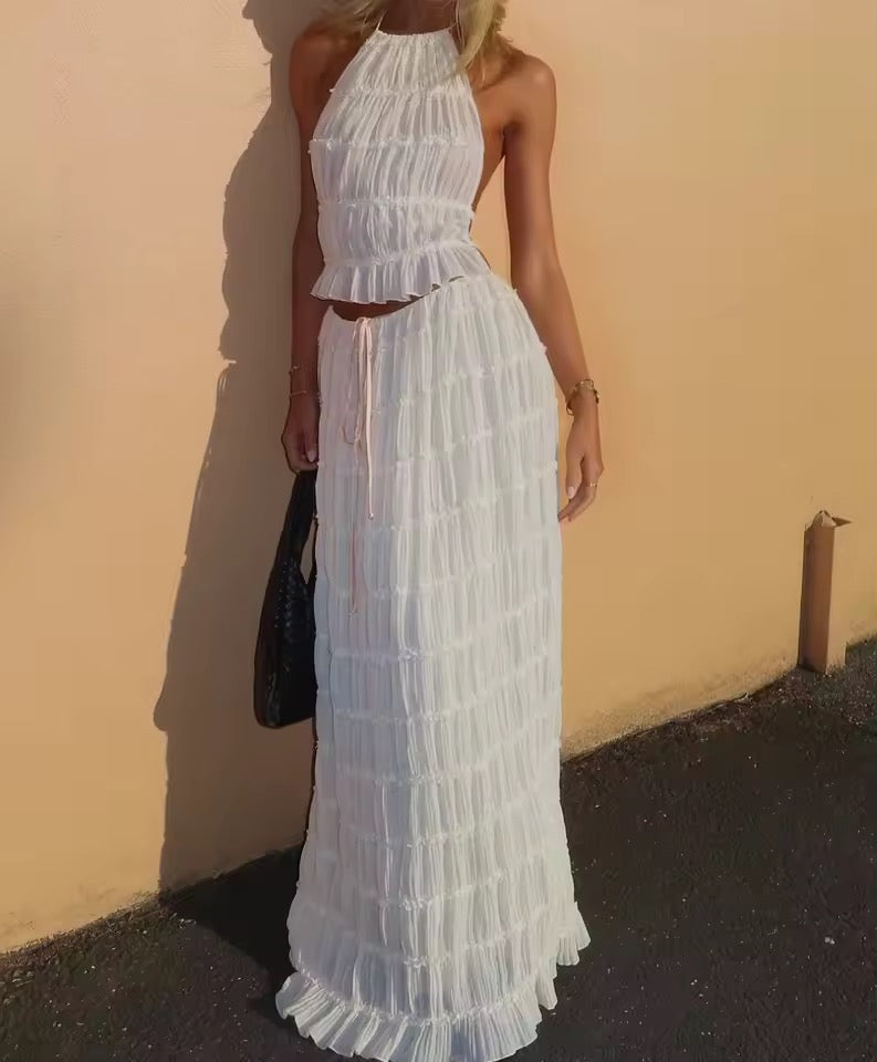 Cream Boho Two Piece Ruffle Vacation Skirt Set