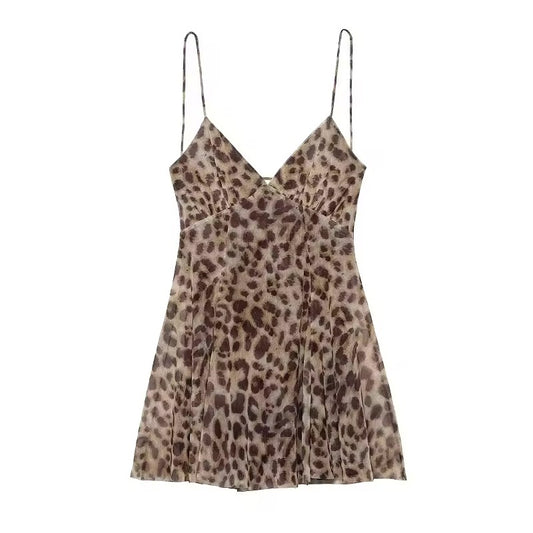 Brown Leopard Print Chiffon Y2k Mini Dress