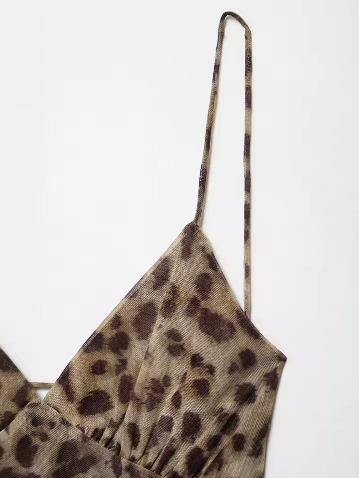 Brown Leopard Print Chiffon Y2k Mini Dress