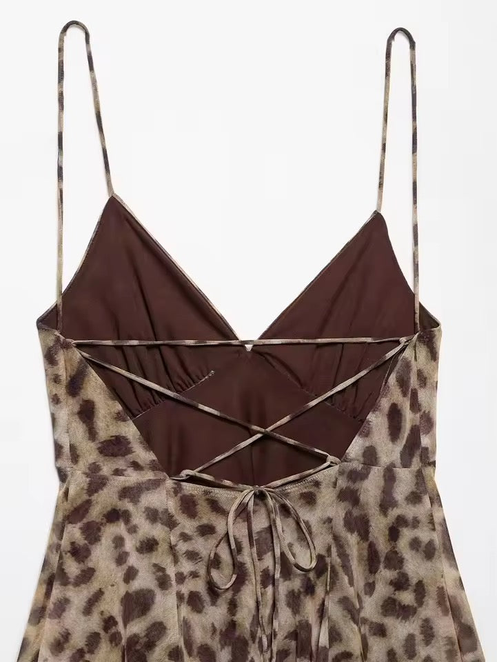 Brown Leopard Print Chiffon Y2k Mini Dress