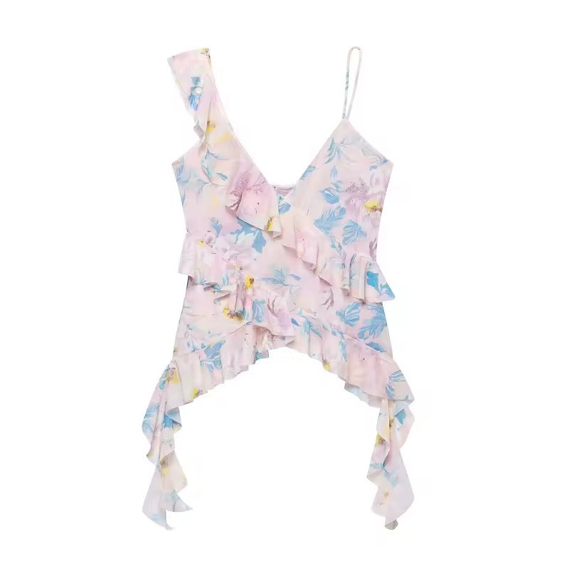 Print Ruffle Y2k Cami Fairycore Crop Top