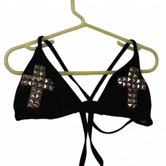 Black Gothic Studded Cross Punk Bikini Crop Top