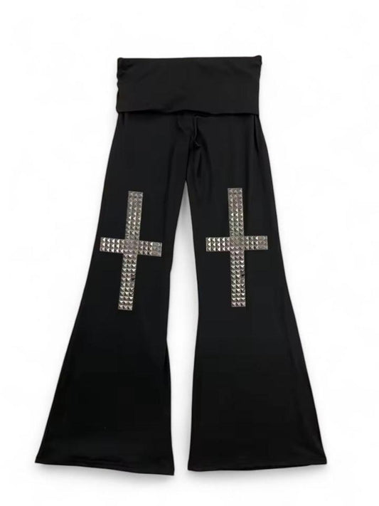 Black Punk Studded Roll Waist Flare Trousers