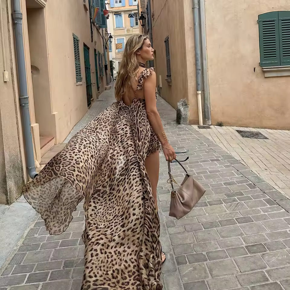 Brown Leopard Print Two Piece Vacation Maxi Cami Shorts Set