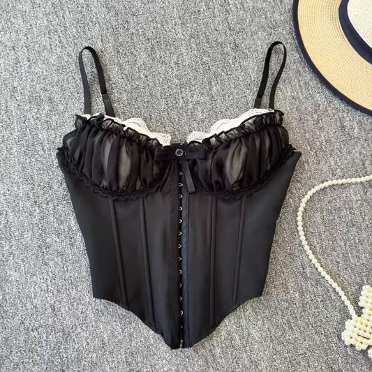 Black Lolita Vintage French Ruffle Bow Corset Crop Top