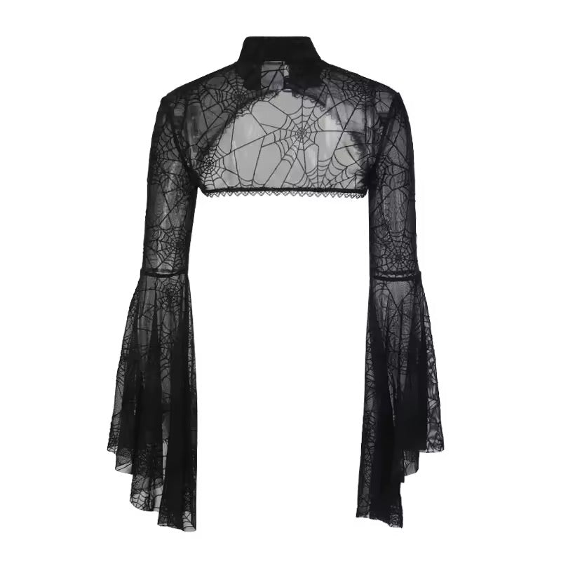 Black Mesh Spiderweb Gothic Print Long Sleeve Bolero Shrug
