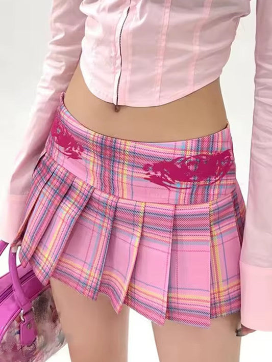 Pink Low Rise Kawaii Checkered Pleated Mini Skirt
