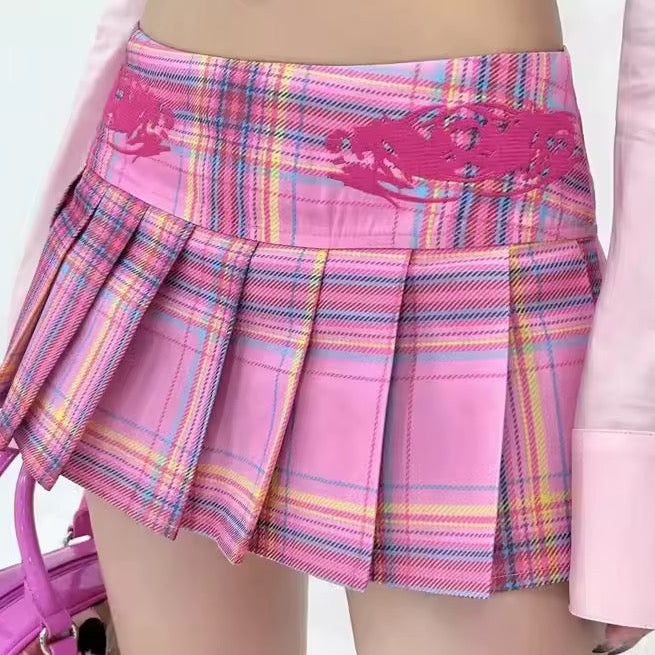 Pink Low Rise Kawaii Checkered Pleated Mini Skirt