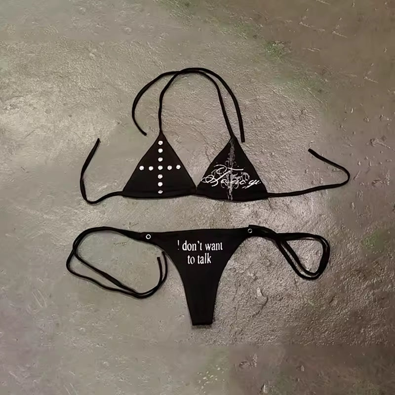 Black Gothic Cross I Don’t Want To Talk Bikini Set
