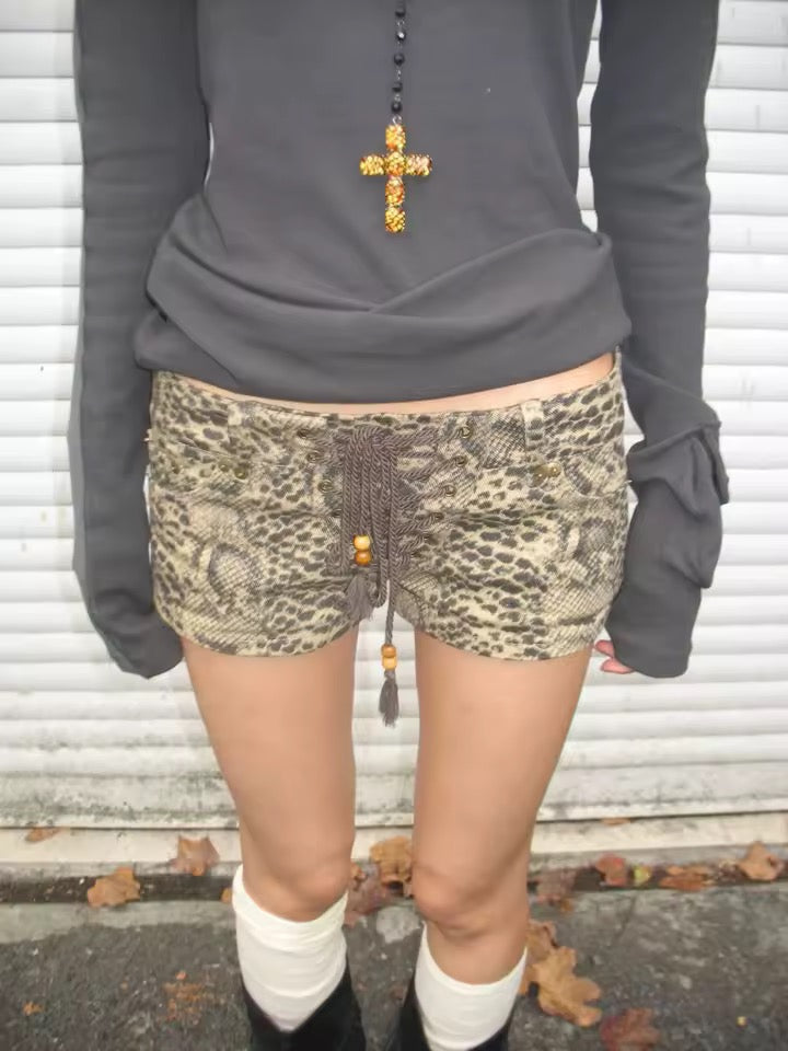 Brown Snakeskin Print Low Rise Lace Up Y2k Shorts