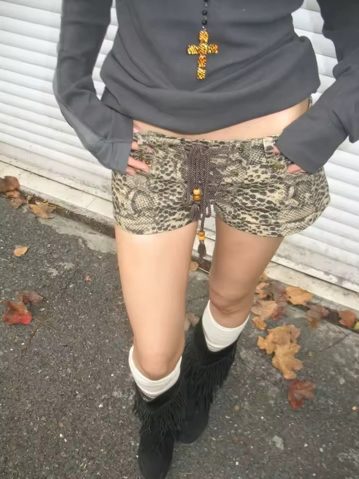 Brown Snakeskin Print Low Rise Lace Up Y2k Shorts