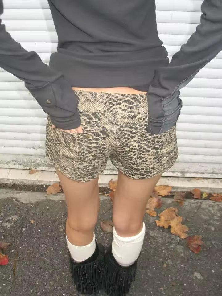 Brown Snakeskin Print Low Rise Lace Up Y2k Shorts