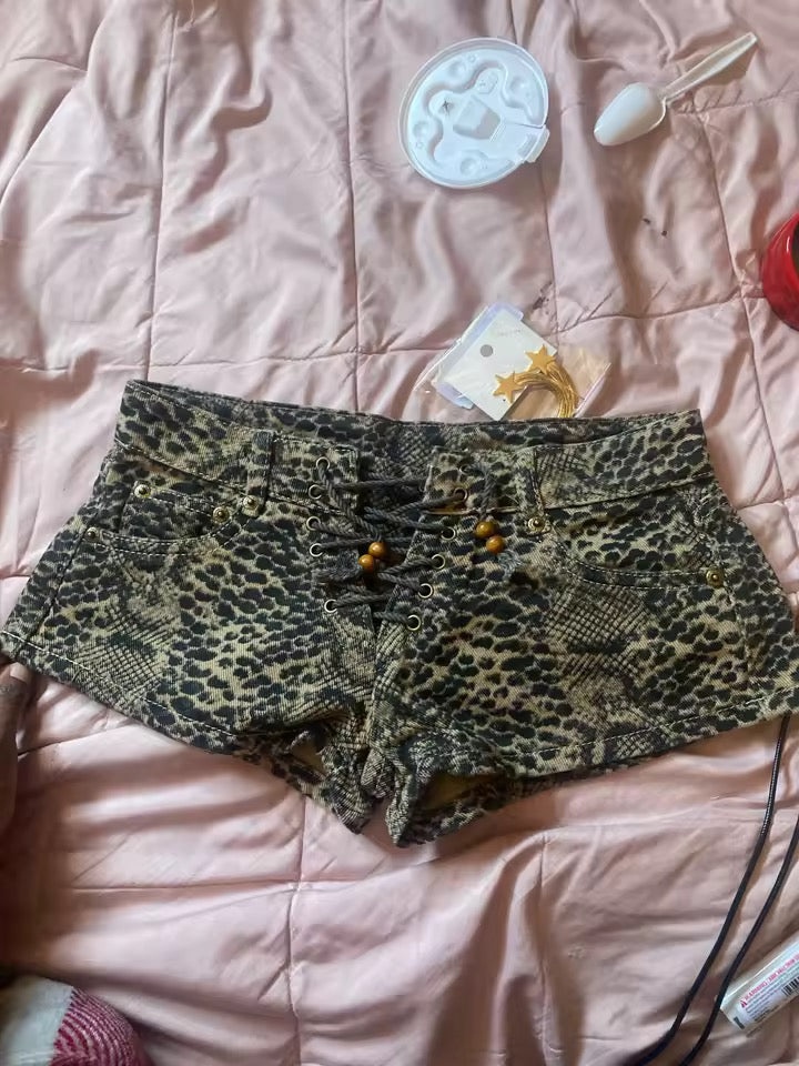 Brown Snakeskin Print Low Rise Lace Up Y2k Shorts