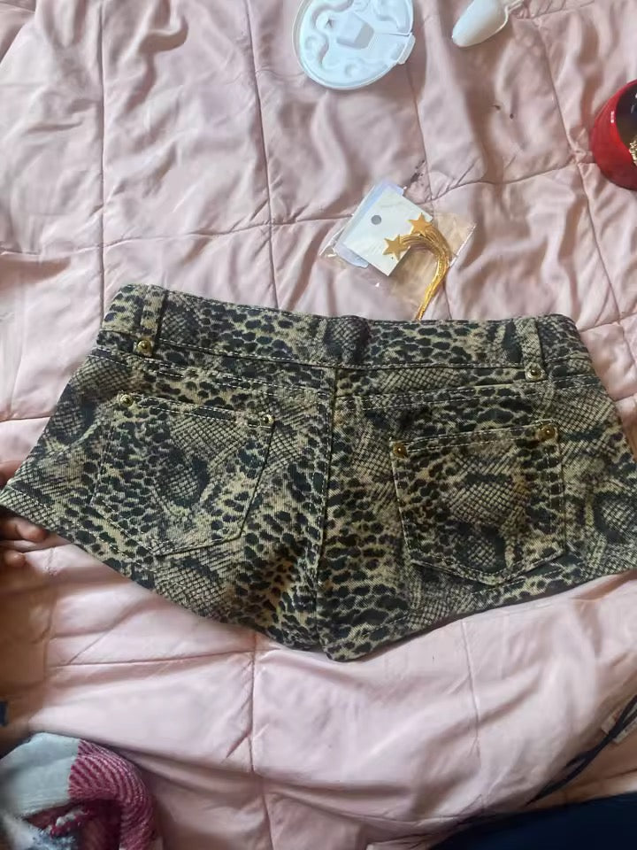 Brown Snakeskin Print Low Rise Lace Up Y2k Shorts