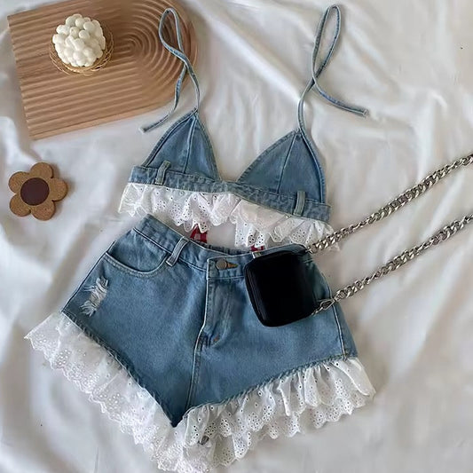 Blue Denim Cottagecore Two Piece Top Lace Shorts Set