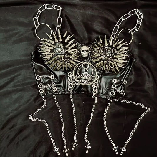 Black Faux Leather Punk Spike Skill Corset Top