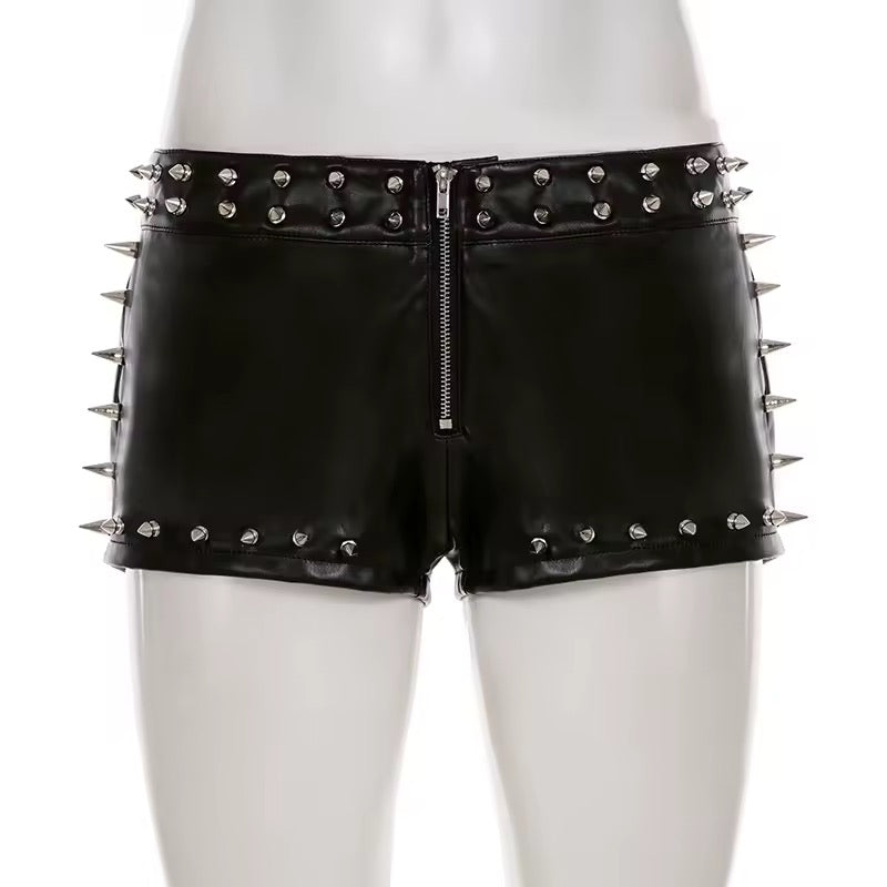 Black Faux Leather Punk Spike Studded Low Rise Shorts