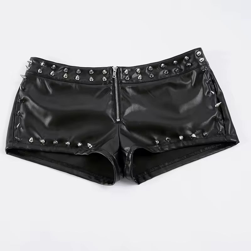 Black Faux Leather Punk Spike Studded Low Rise Shorts