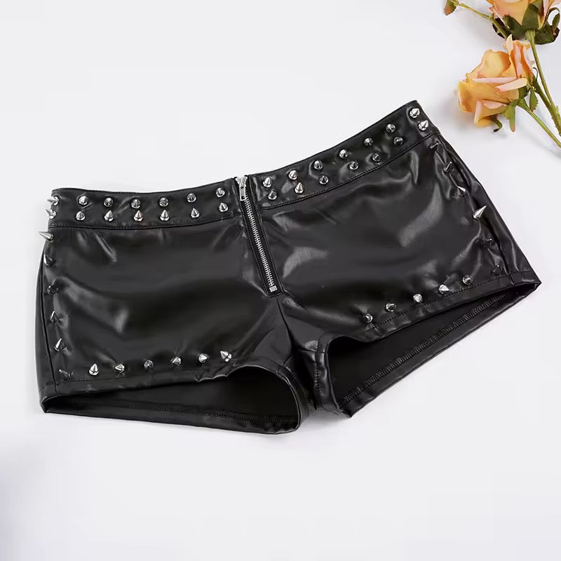 Black Faux Leather Punk Spike Studded Low Rise Shorts