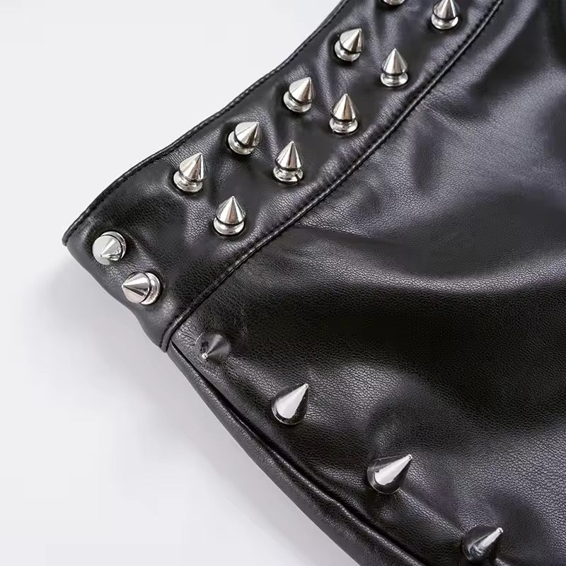 Black Faux Leather Punk Spike Studded Low Rise Shorts