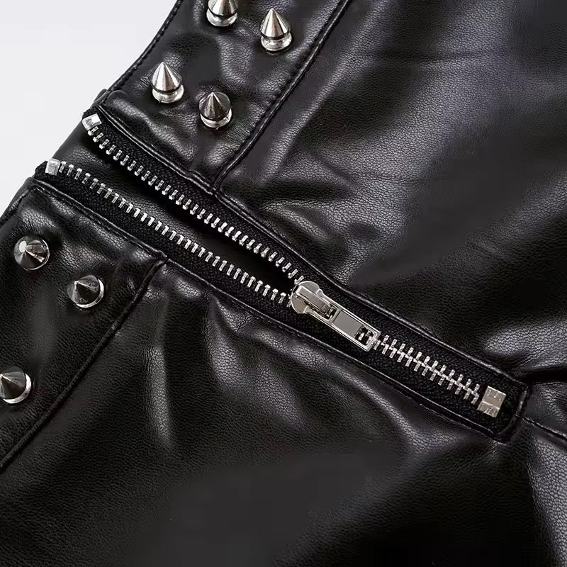 Black Faux Leather Punk Spike Studded Low Rise Shorts