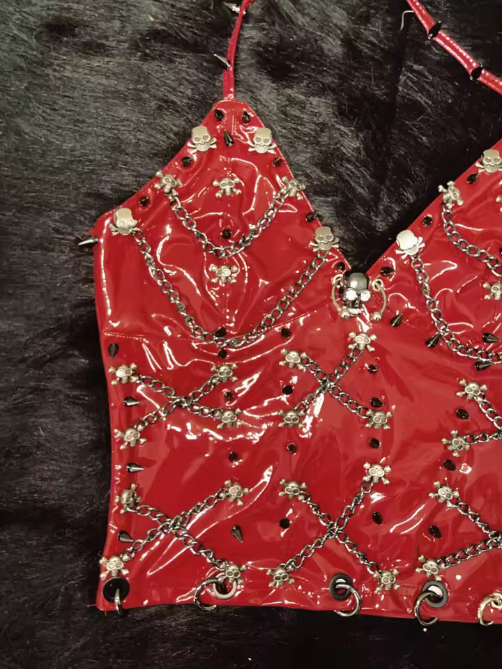 Red Faux Leather Punk Chain Skull Halter Crop Top