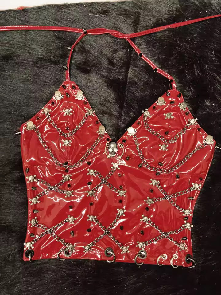 Red Faux Leather Punk Chain Skull Halter Crop Top