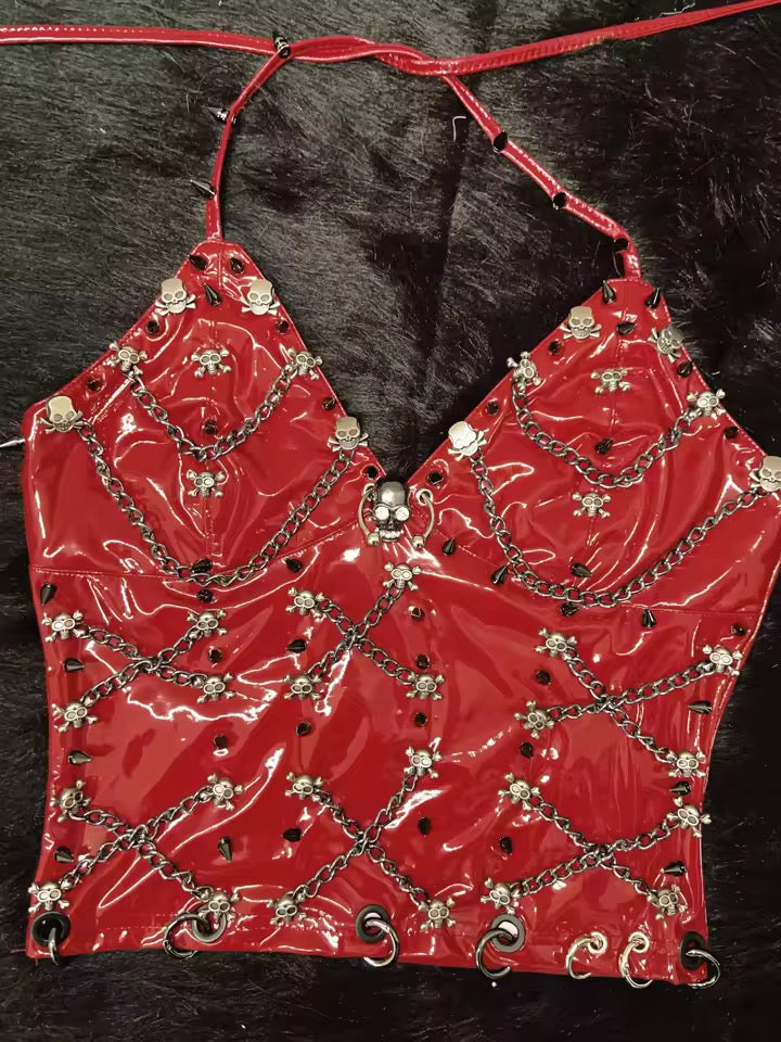 Red Faux Leather Punk Chain Skull Halter Crop Top