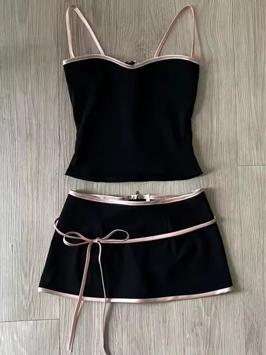 Black Balletcore Mini Skirt Top Bow 2 Piece Set