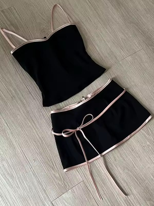 Black Balletcore Mini Skirt Top Bow 2 Piece Set